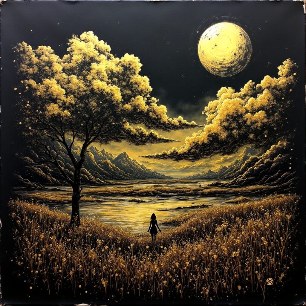 Golden Night Landscape in Ink and Watercolour