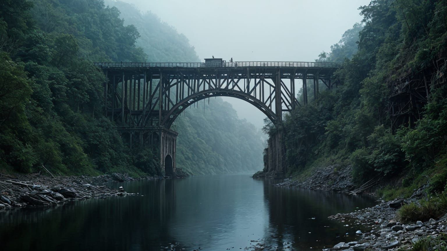 Misty Ravine: Derelict Railway Bridge in Horror Style