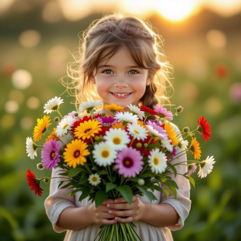Girl with Flowers in Gentle Morning Light
