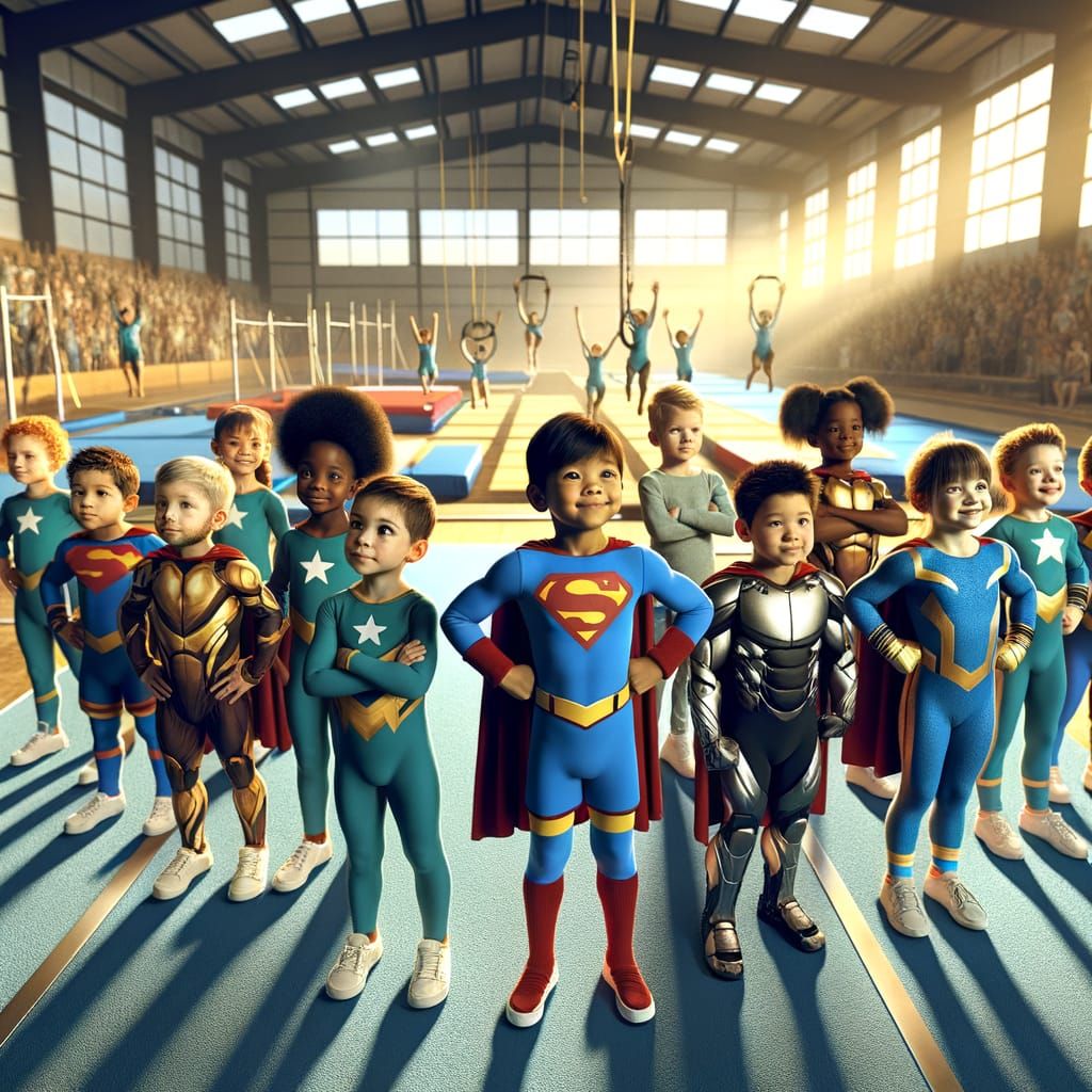 Diverse Superhero Kids in Bright Gymnastics Gym