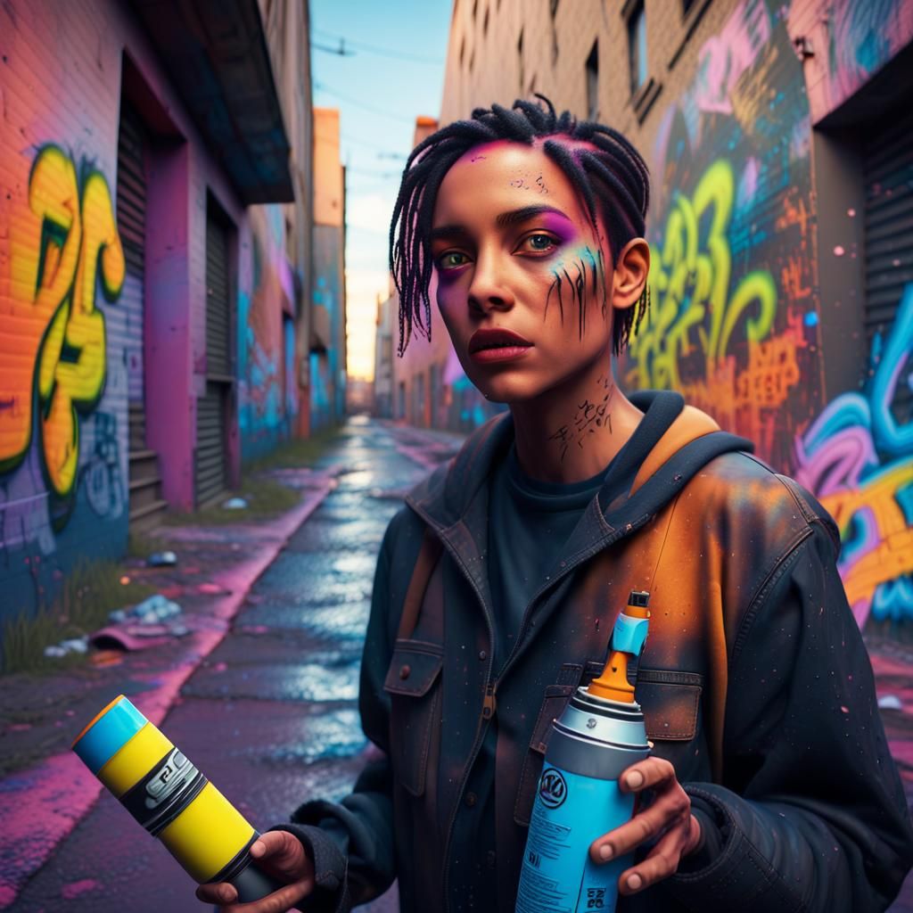 Graffiti Artist at Dusk in Cyberpunk Cityscape