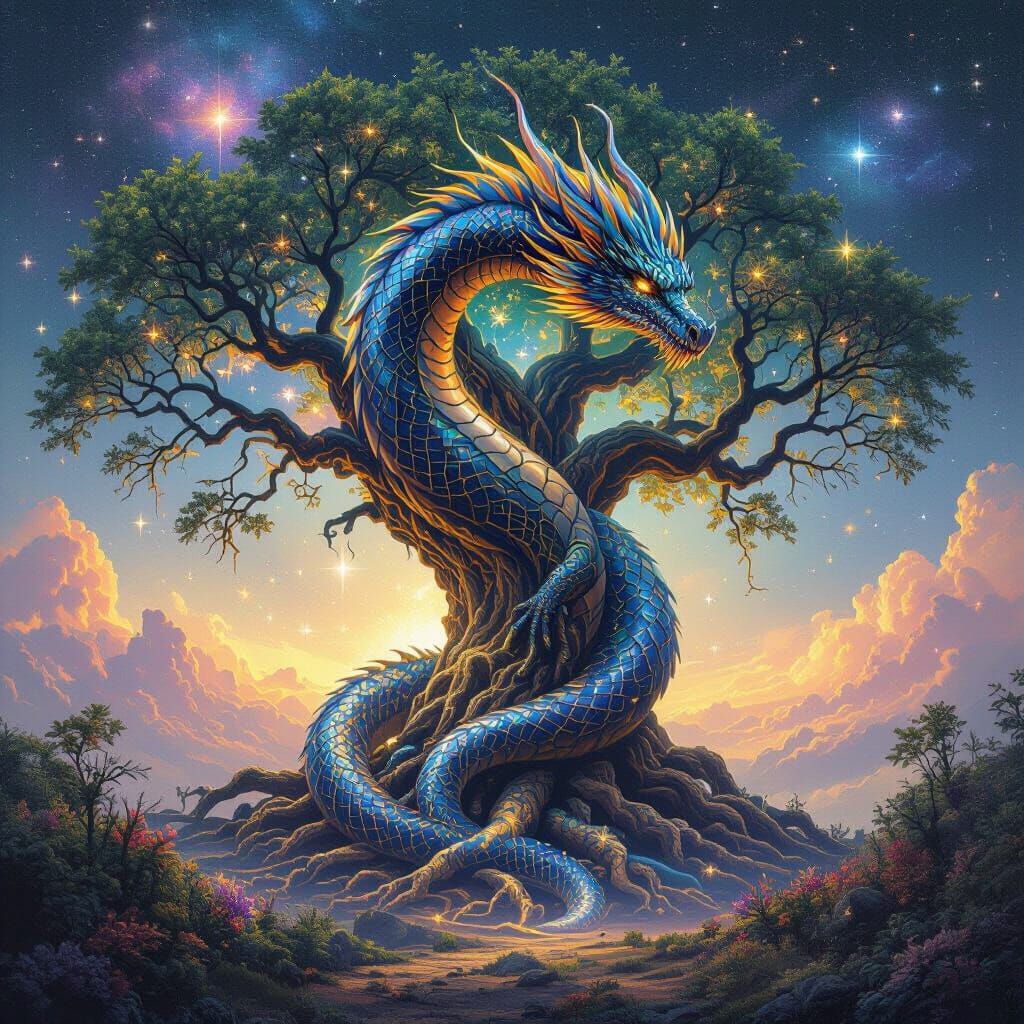 Cosmic Dragon Coiled Around Ancient Tree