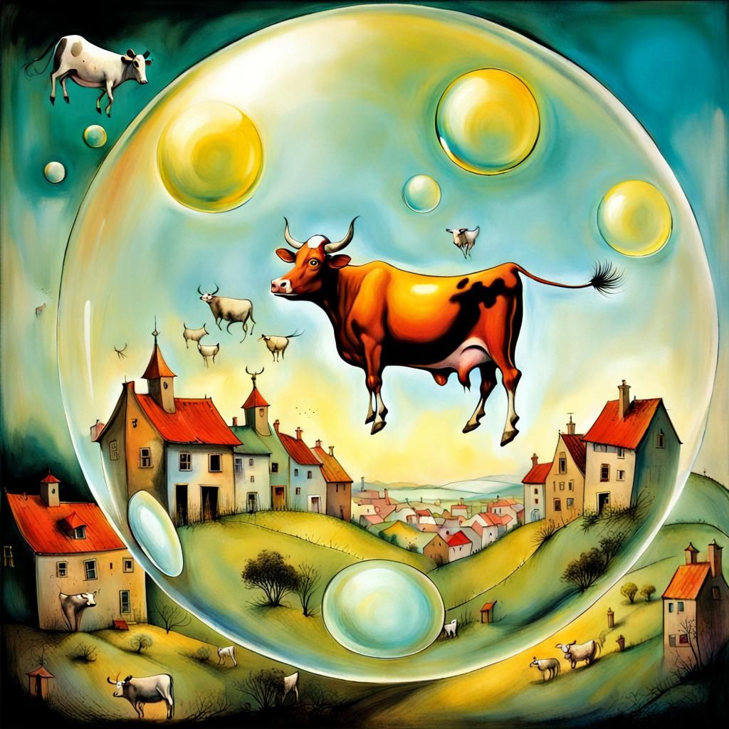 Cow in Bubble Over Village: Surreal Illustration