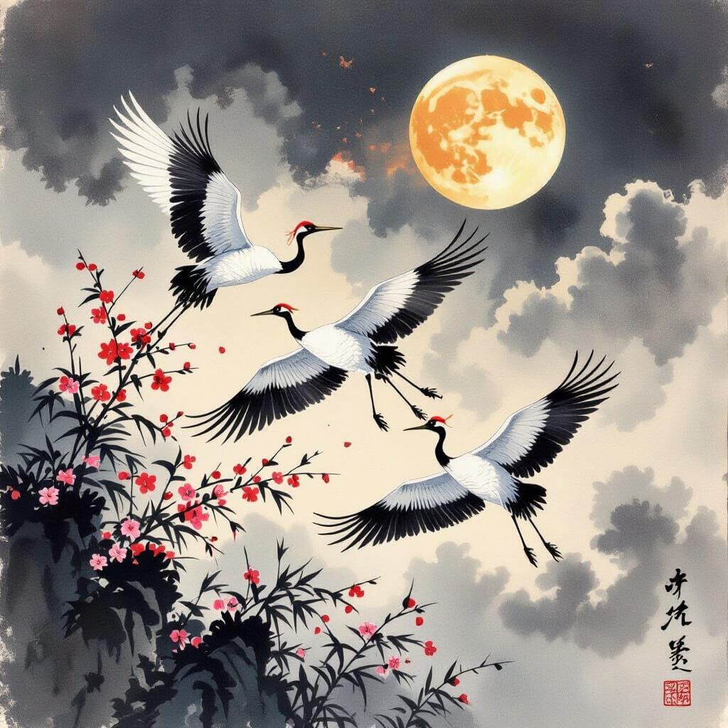 Crane in Flight: Chinese Ink Wash Art with Ethereal Atmosphe...