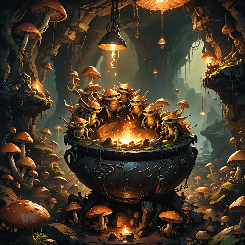 Goblins Gather Around a Glowing Cauldron in a Dark Fantasy C...