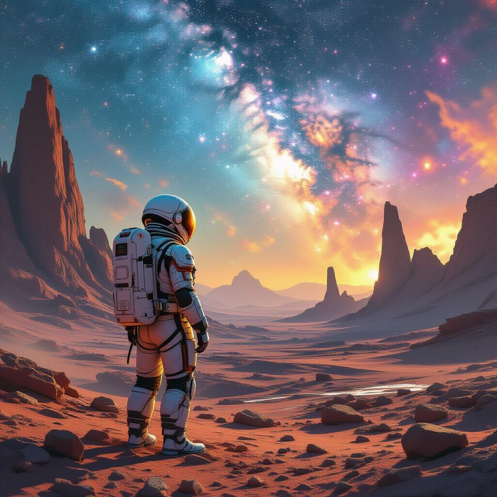 Astronaut Gazes at Alien Ruins Under Nebula Sky