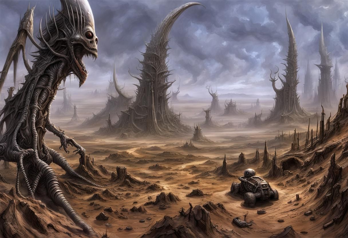 Ork video game, stange and ravaged alien landscape. By H.R G...