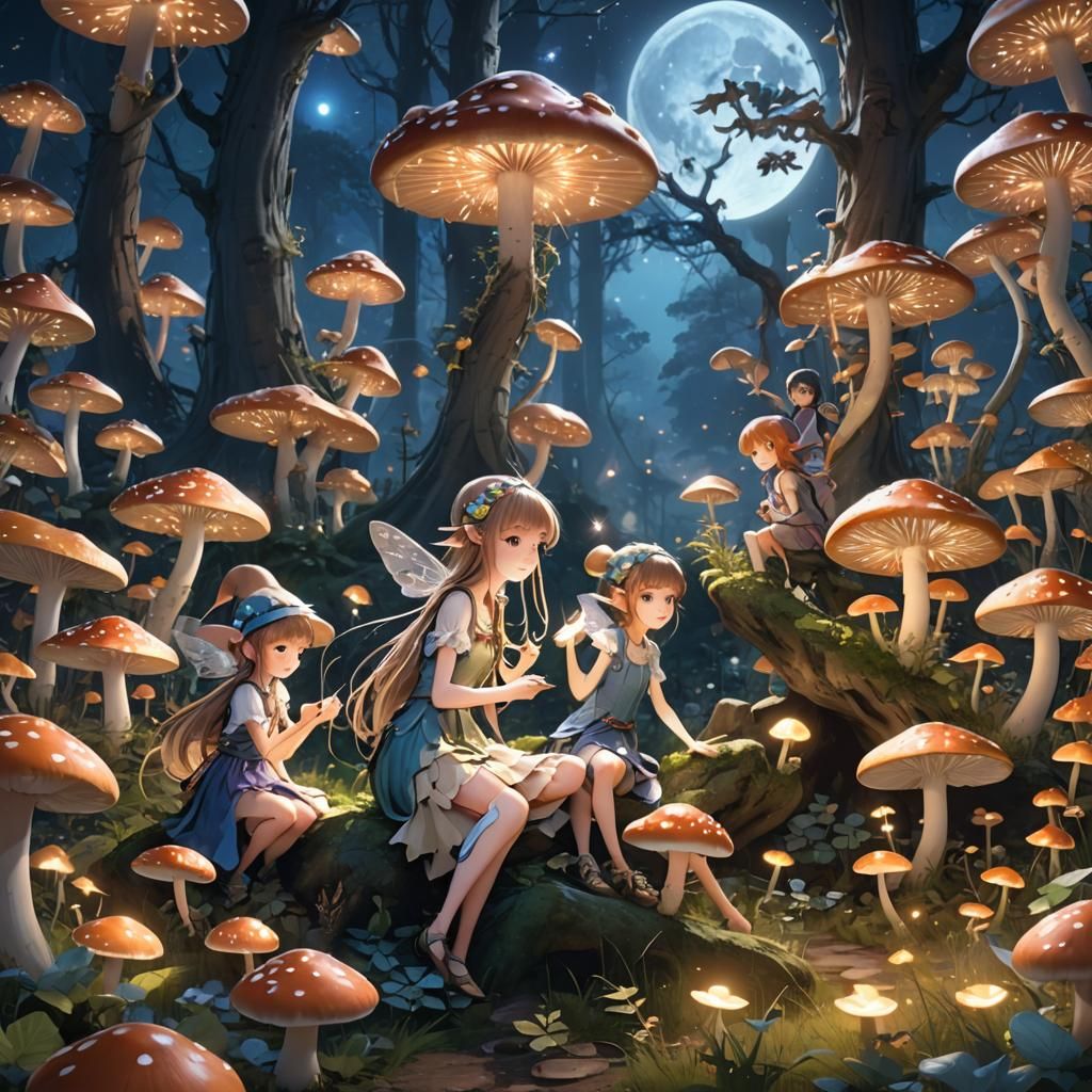 Fairies Weaving Spells in Moonlit Glade: 3D Anime Art