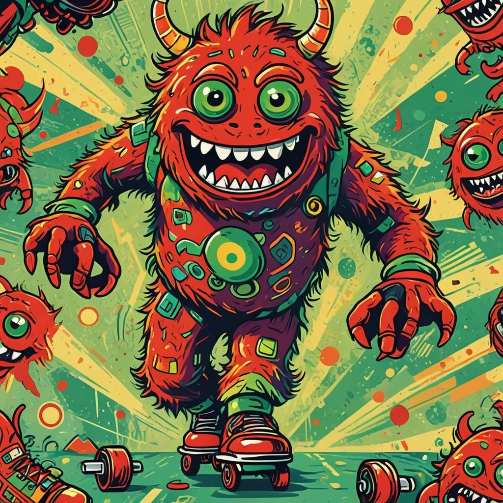 Red Monster Rollerblading: Pop Art Fauvist Style