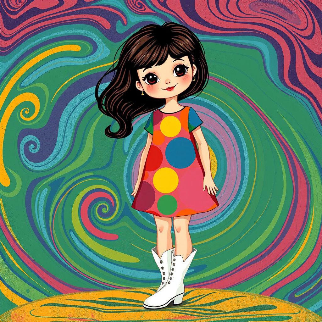 Mod Girl in Psychedelic Fairytale, Naive Art Style