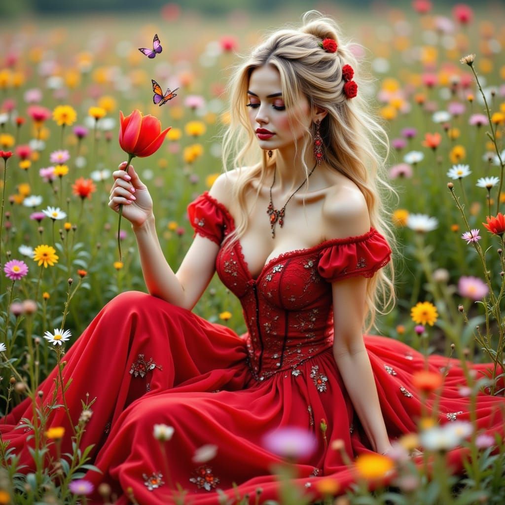 Woman in Red Gown in Flower Meadow with Tulip