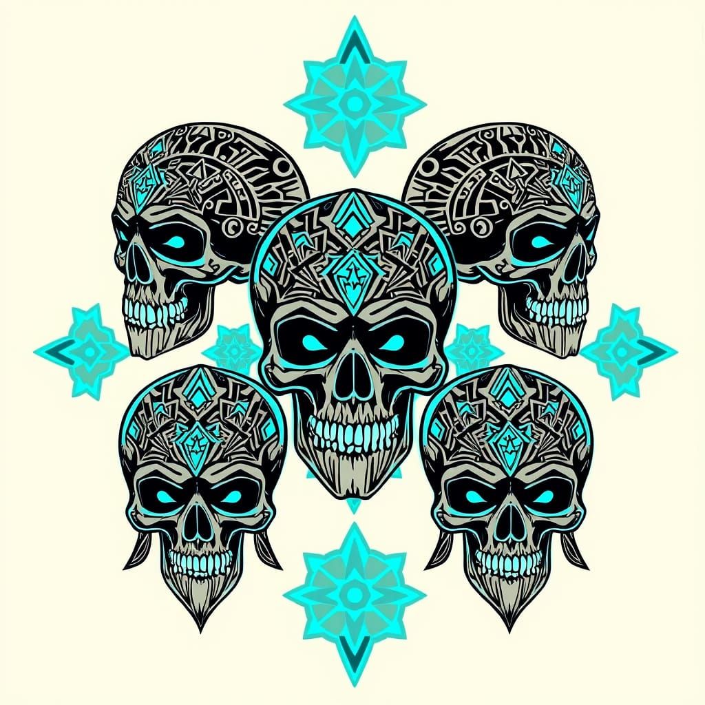 Neo-Prehispanic Skulls with Geometric Glyphs in Tattoo Art