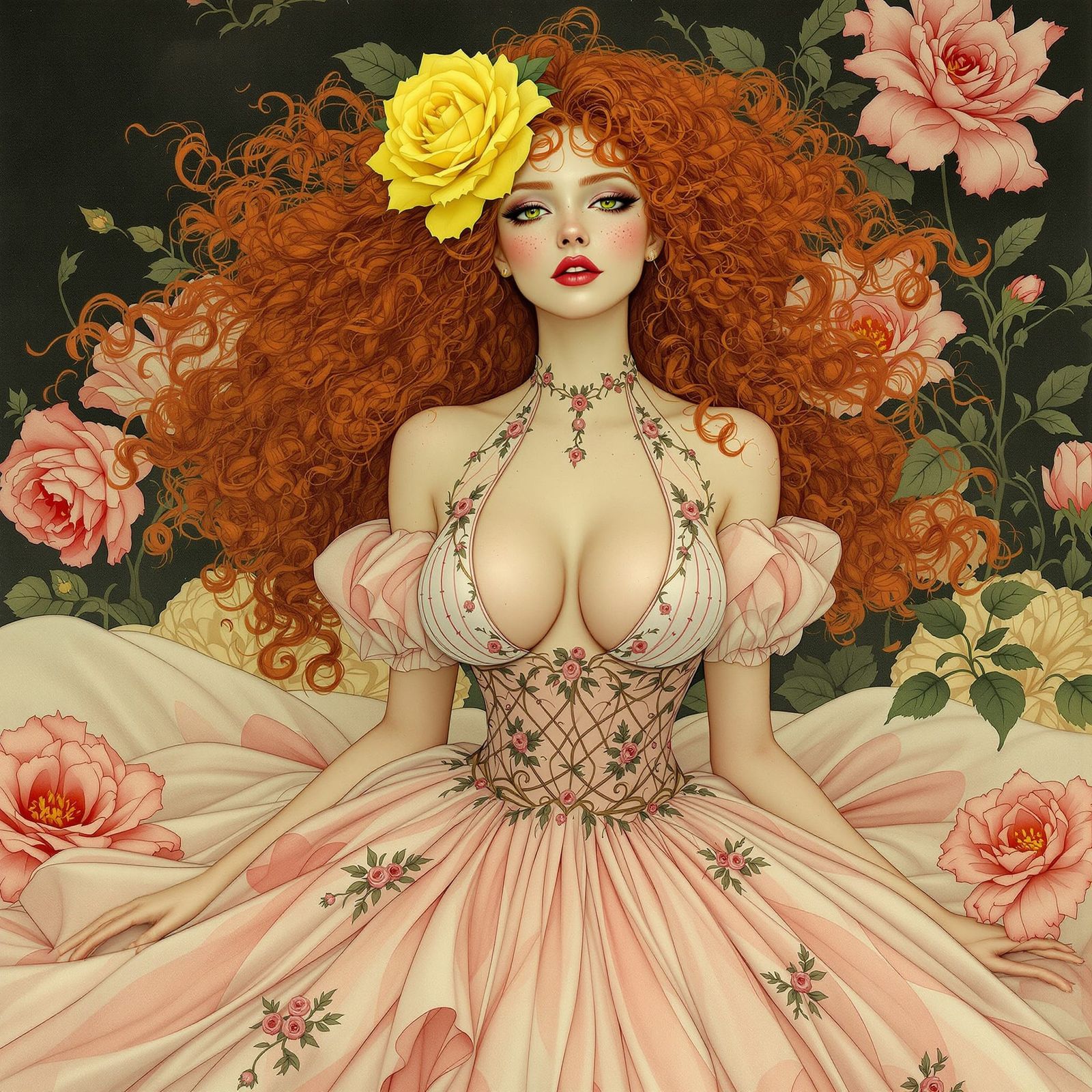 Woman in Rose Garden Dress, Art Nouveau Style