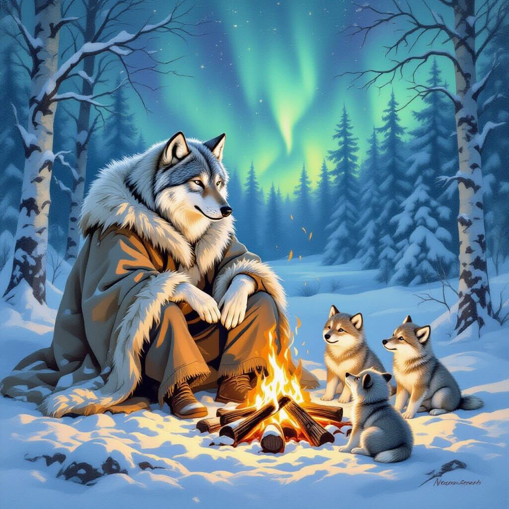 Arctic Wolf Elder Tells Tales by Campfire