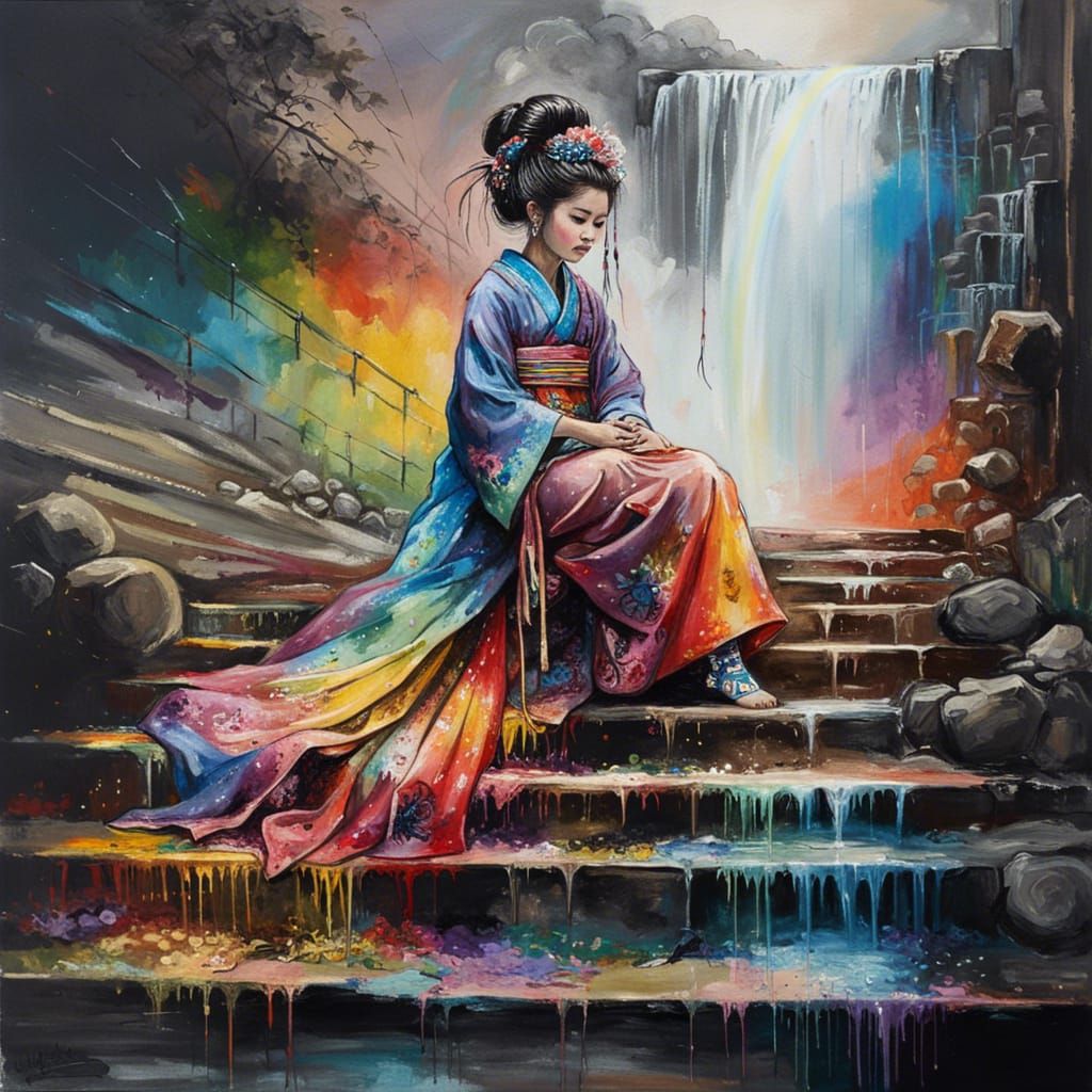 Rainbow Geisha: A Detailed Oil Painting