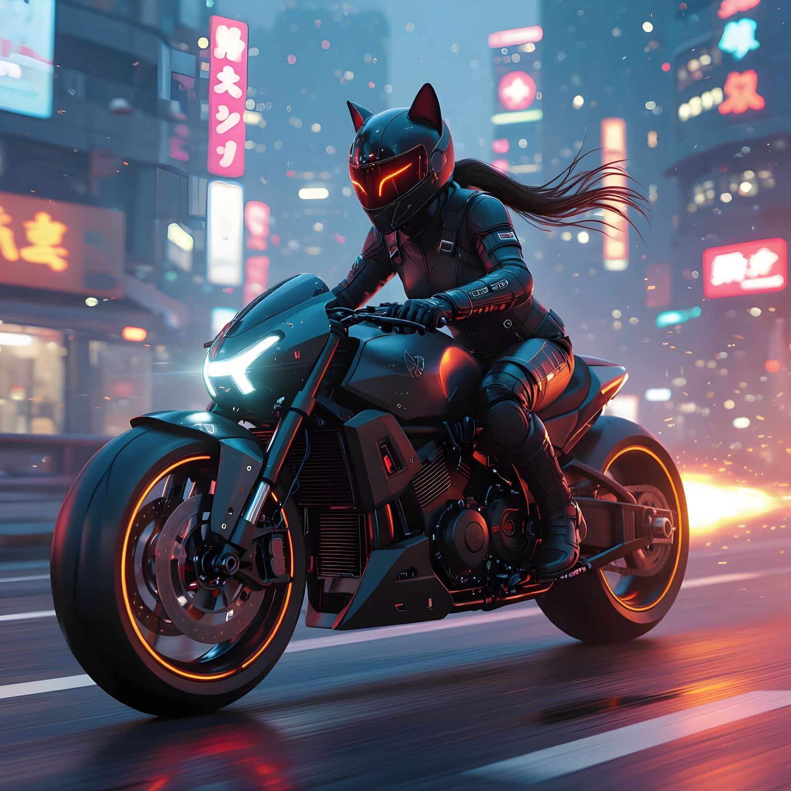 Cyberpunk Hellrider Cat on Motorcycle in Neon Cityscape