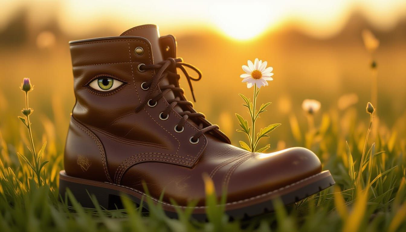 Surreal Boot with Flower in Golden Hour Meadow