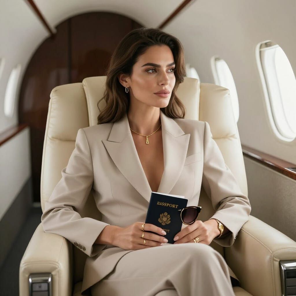Elegant Woman in Private Jet, Luxury Lifestyle Photography