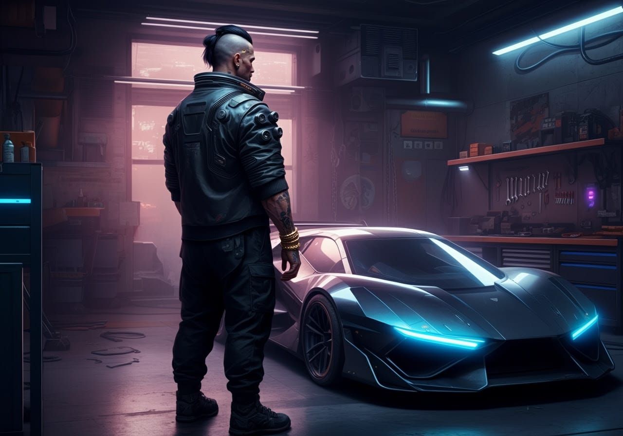 Cyberpunk Warrior Stares Down Futuristic Sports Car