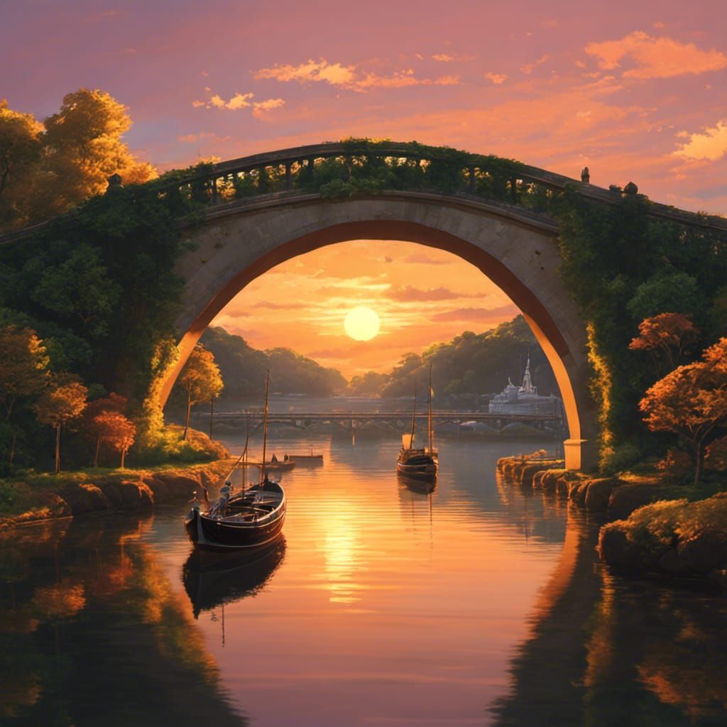 Sunset Arch Bridge in Studio Ghibli Style