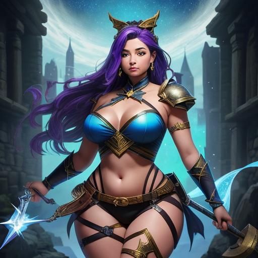 starlight deity, curvy body, gorgeous, skimpy blacksmith outfit, fantasy, powerful, fearsome, magical, skimpy, soft