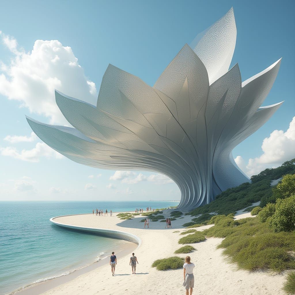 Futuristic Steel Canopy Sculpture on a Sunny Beach