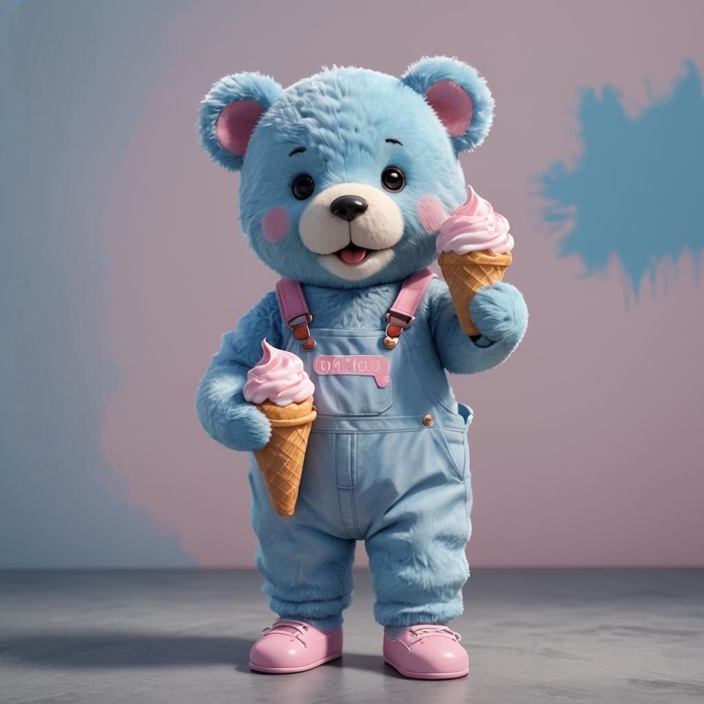 Baby Blue Teddy Bear with Ice Cream: 3D Anime Art
