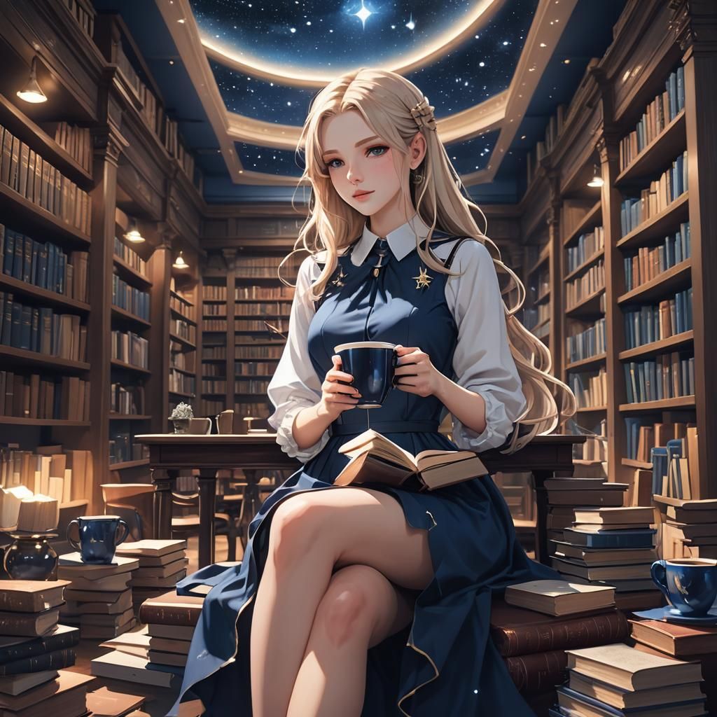 Anime Girl in Library, Night Sky Dress