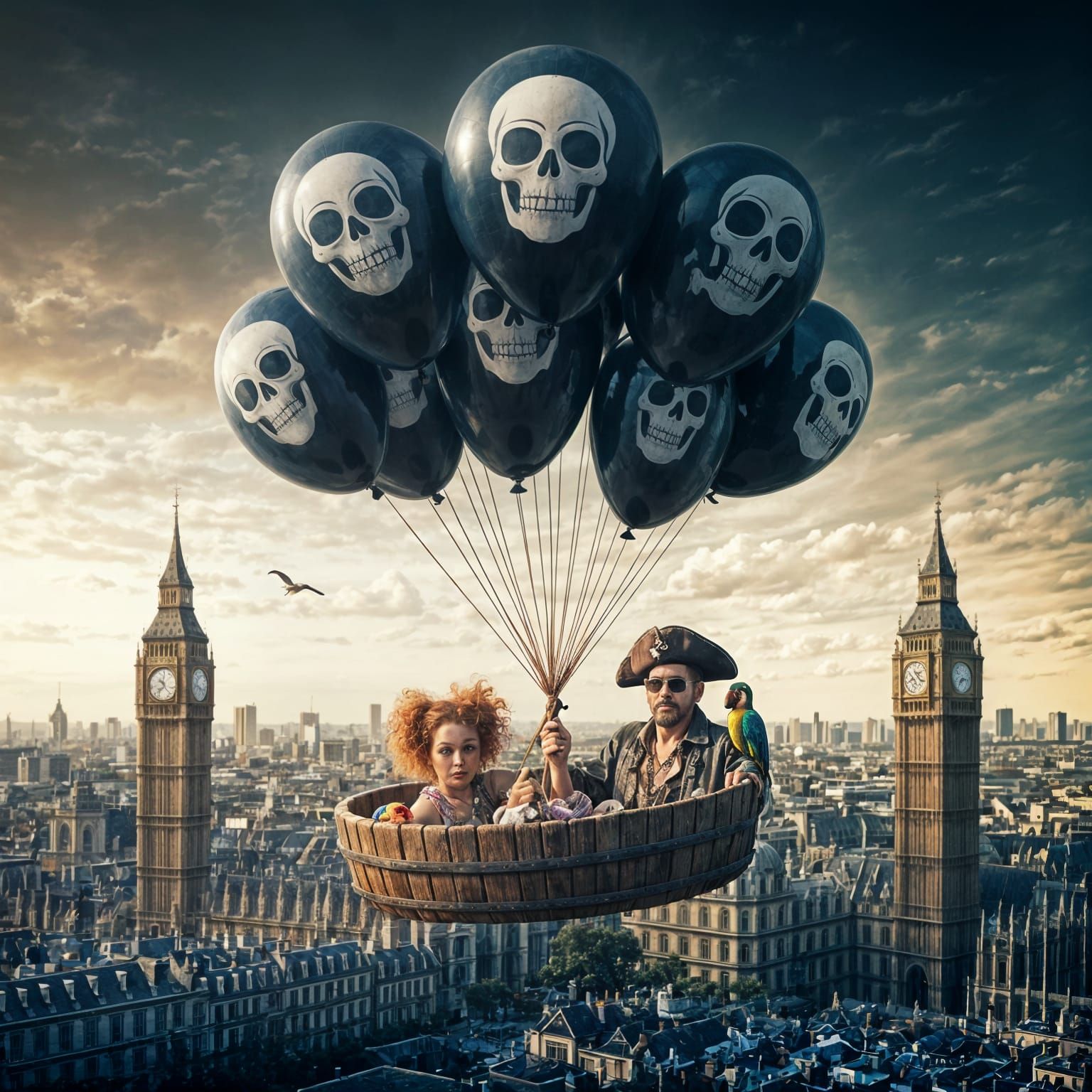 Pirate High Tea Over London in Surreal Cartoon Style