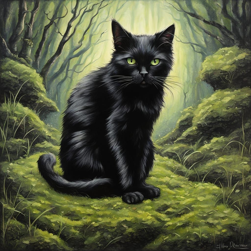 Black Cat on Mossy Ground in Digital Art Style