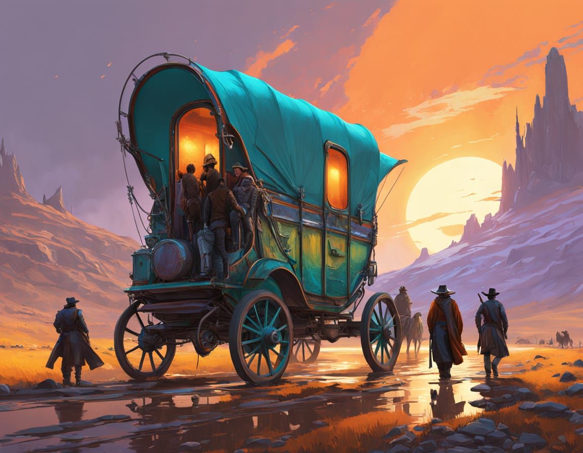 Futuristic Offroad Vehicle with Cowboy Wagon Train at Sunset