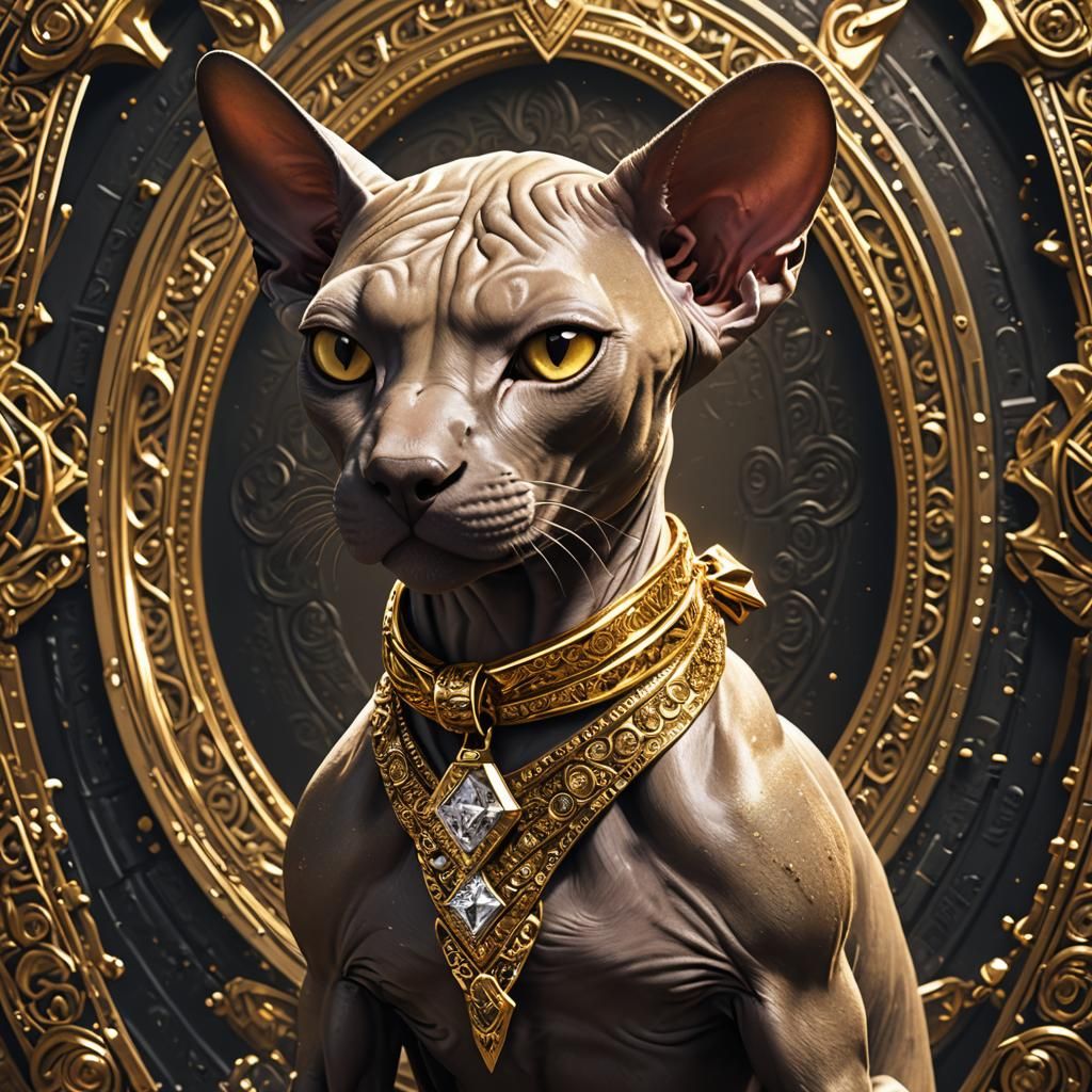 Bling Gold Sphynx Cat with Gangster Bandana
