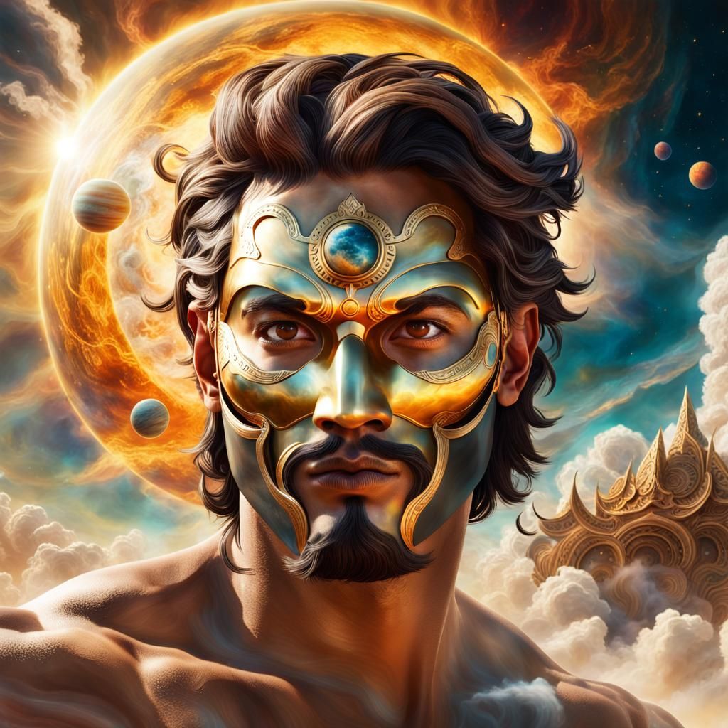 Sun God Masked Man in Ethereal Sky