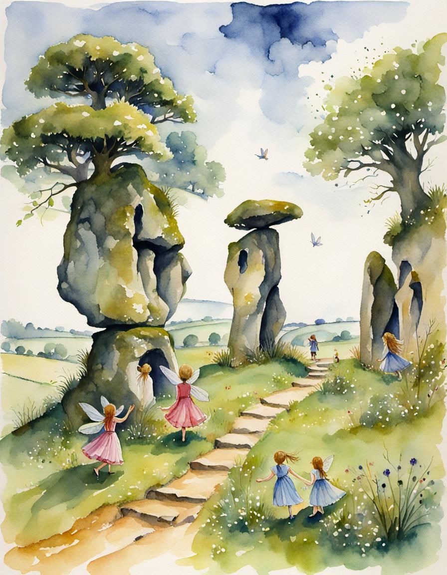 Fairies Dancing at Rollright Stones: A Watercolor