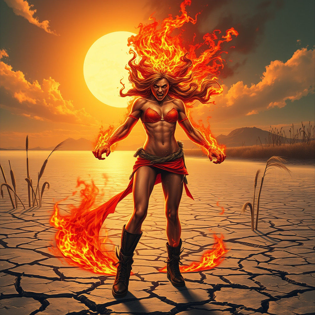 Fiery Woman's Fury on Parched Lakeside