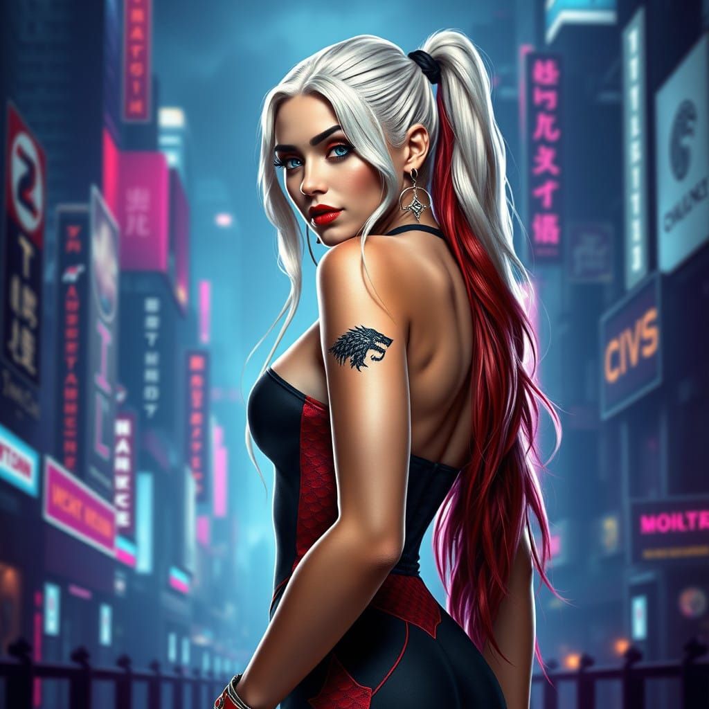 Regal Femme Fatale in Neon-Drenched Cityscape