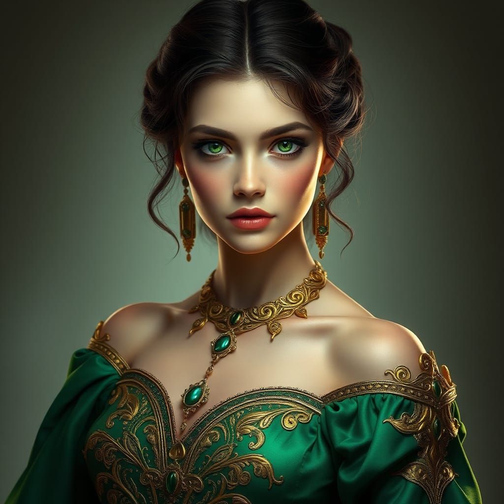 Emerald Queen Portrait in Art Nouveau Style