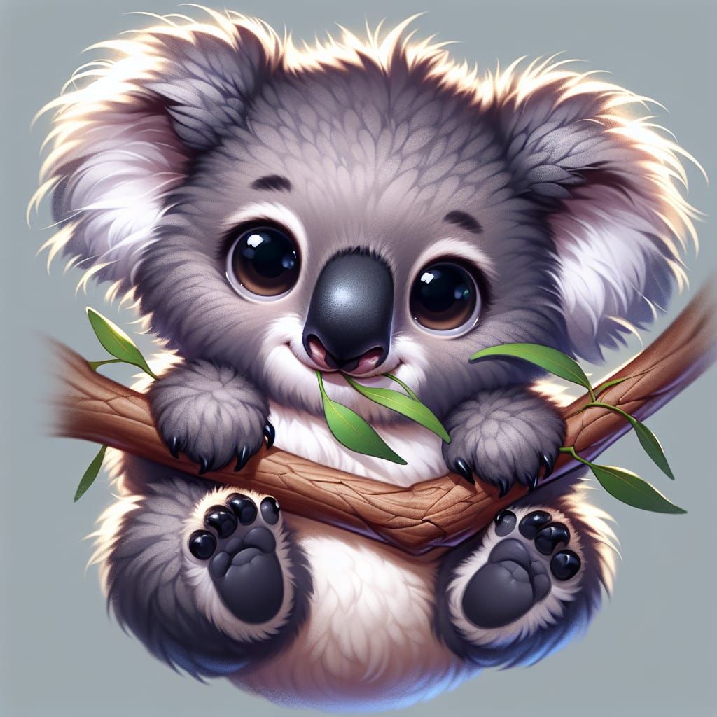 Cute Koala Bear Nibbling Eucalyptus Leaf