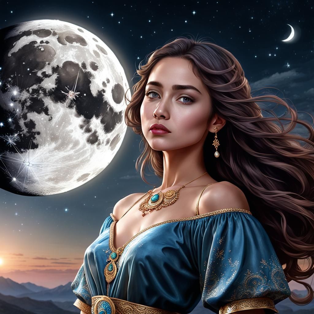 Beautiful Woman Silhouetted by a Full Moon