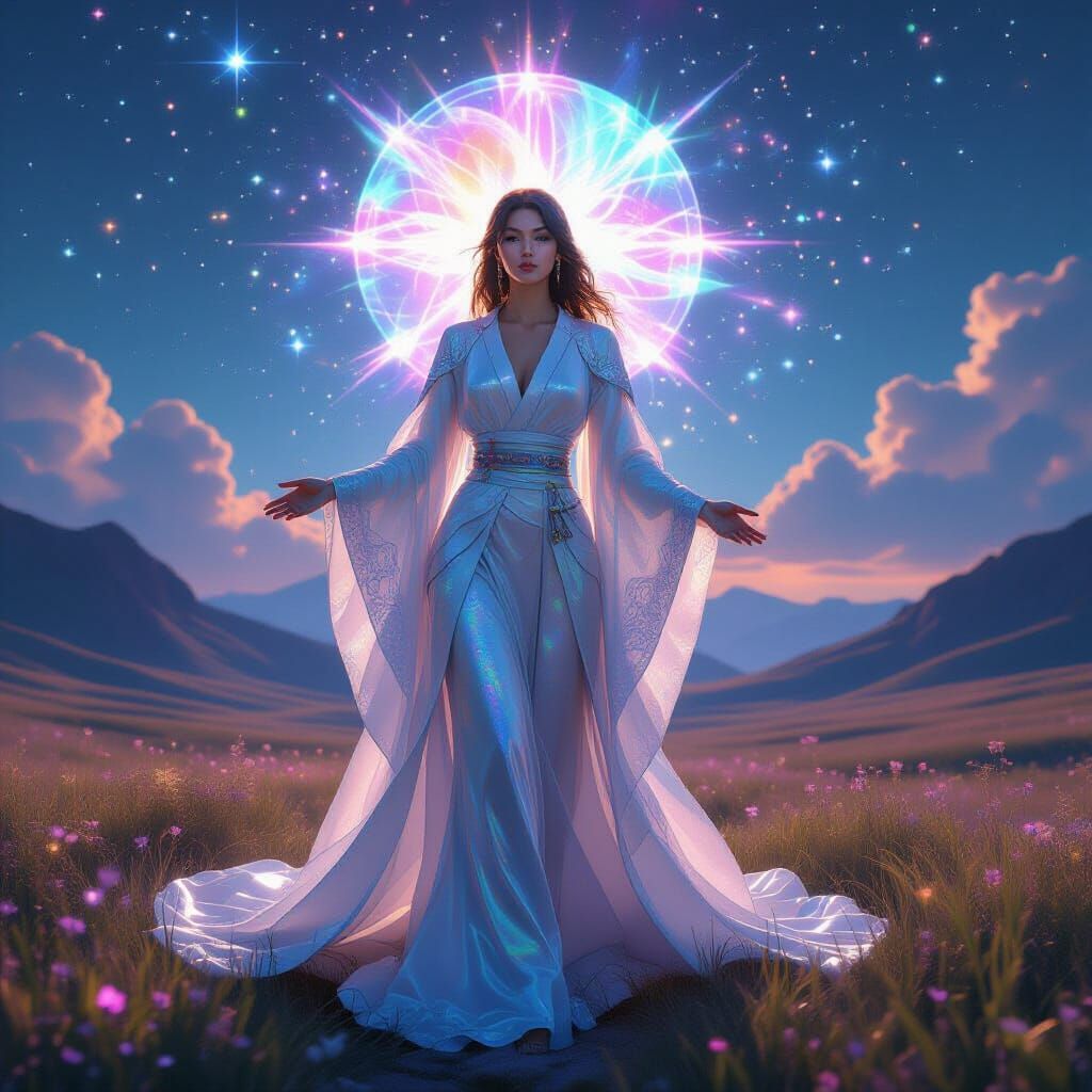 Iridescent Woman in Celestial Aura: A Digital Masterpiece