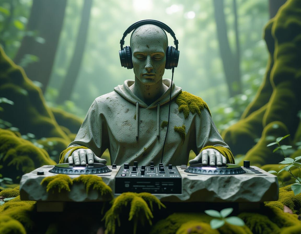 Stone DJ Statue in Forest with Cinematic Lighting