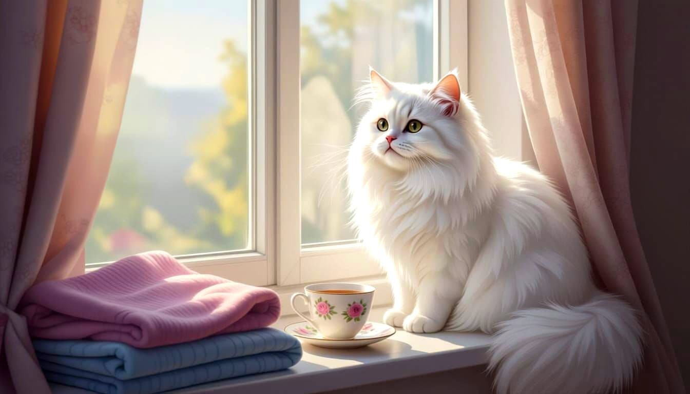 Photorealistic White Cat Mourns Beloved Woman