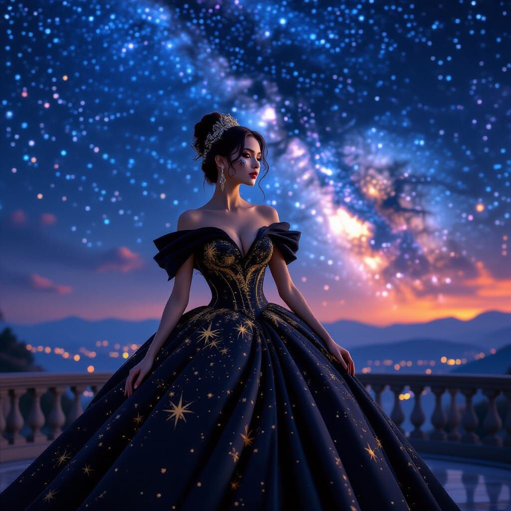 Fantasy Ballgown Woman Under Starry Night Sky