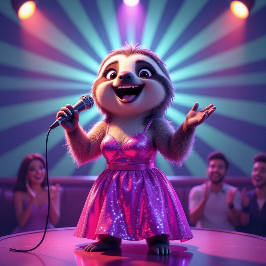 Sloth Sings Karaoke in Sparkly Dress - Pixar Style