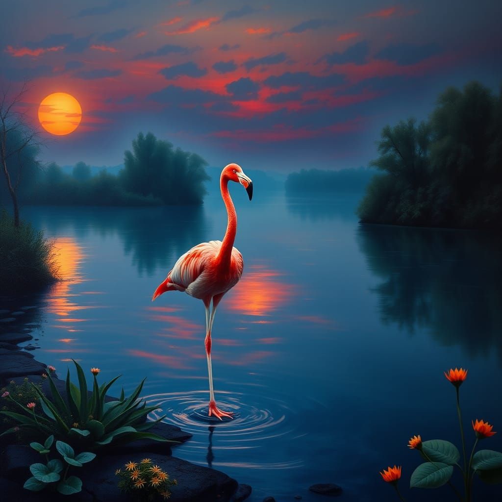 Elegant Flamingo at Sunset in Atmospheric Painting Style