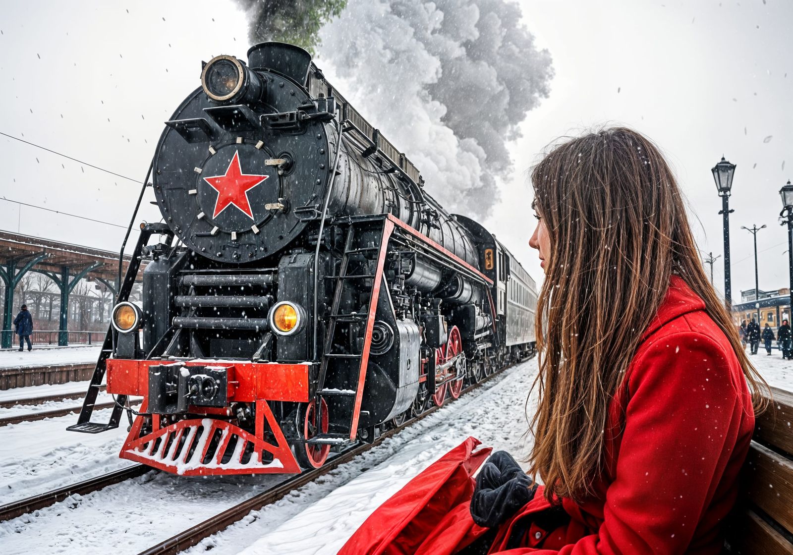 Woman in Red Coat Watches Snowy Train Arrival