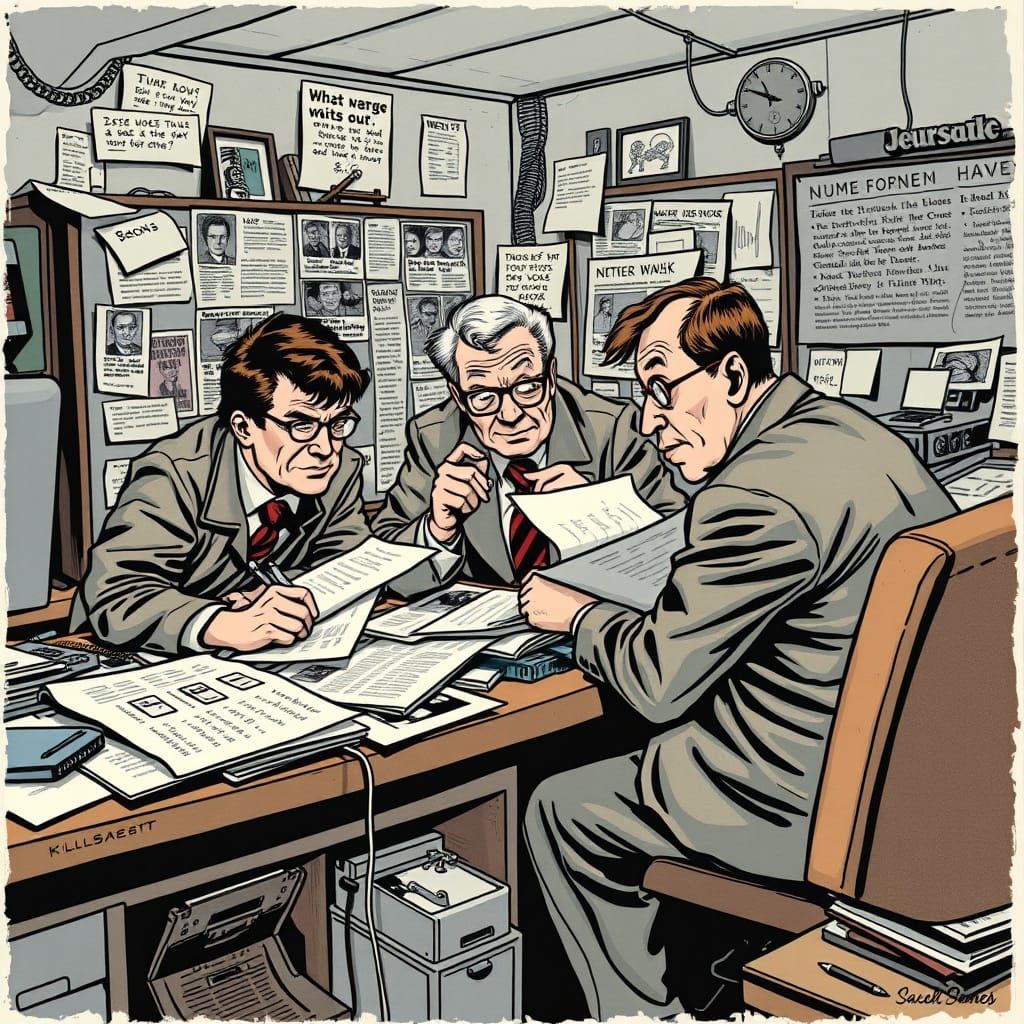 Journalists in Gritty Newsroom, Satirical Style