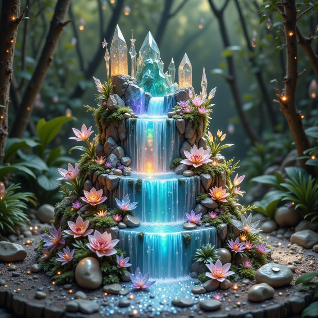 Opalescent Crystal Waterfall Cake in Forest Setting
