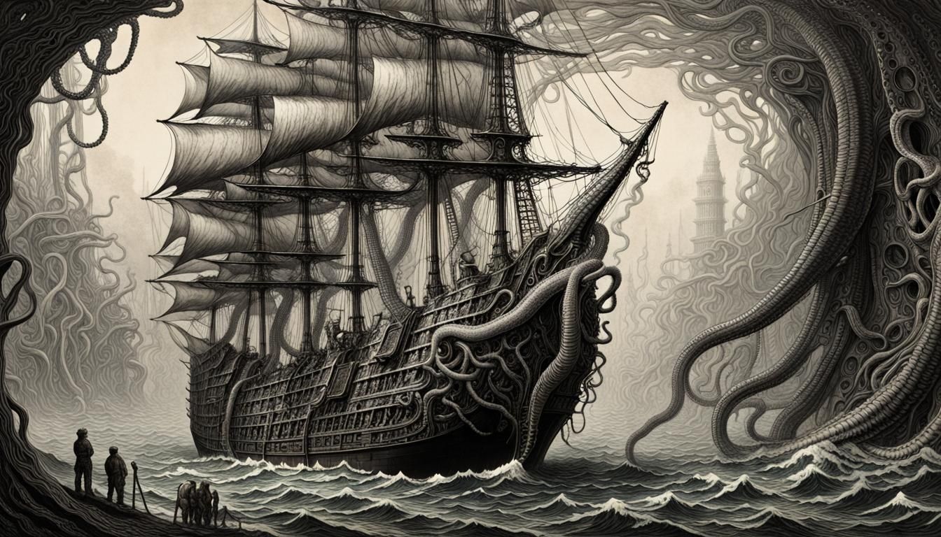Sailing Ship Engulfed by Tentacles in Etching Style