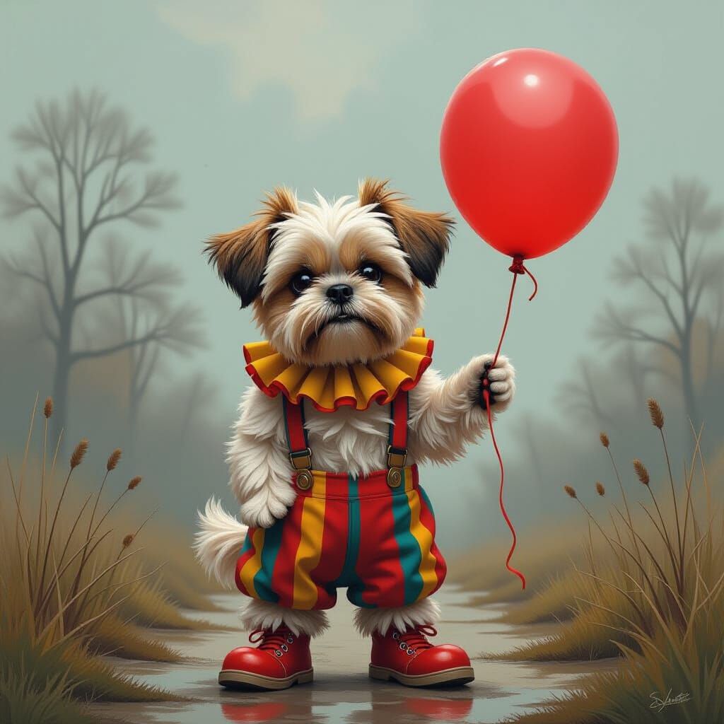 Brussels Griffon as Clown with Red Balloon